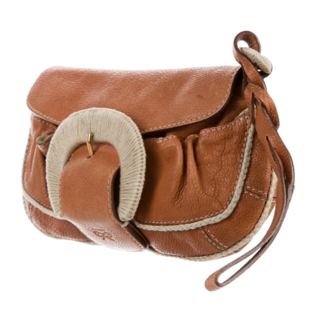 Anya Hindmarch tan leather clutch.